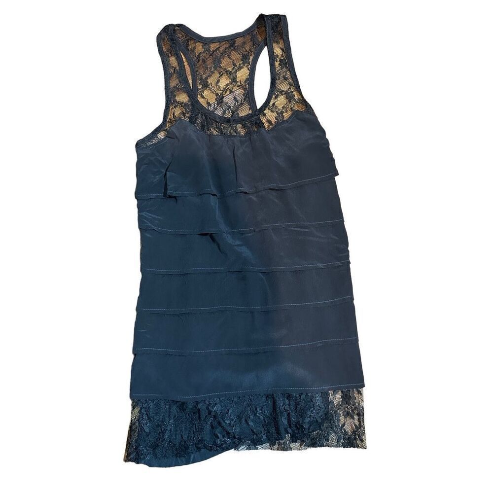 Bailey 44 womens black tiered silk top with lace trim‎ sz S 90s